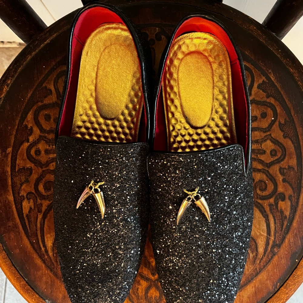 Black Glitter Loafers with Gold Accent